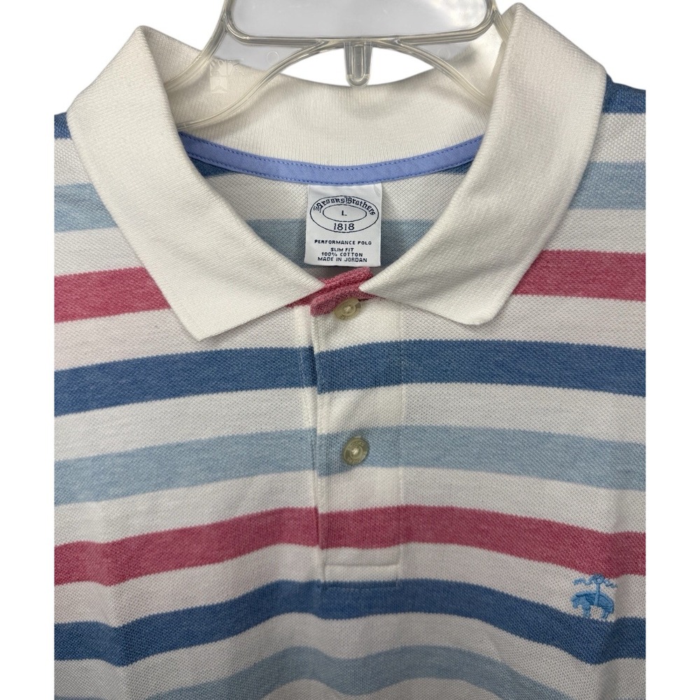 Brooks Brothers Men's Large Blue White Pink Short Sleeve Slim Fit Polo Shirt